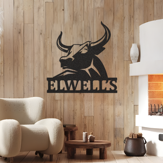 Personalized Family Name Bull Metal Sign / Metal Wall Decor / Monogram Name Sign / Home Decor / Personalized Bull Decor