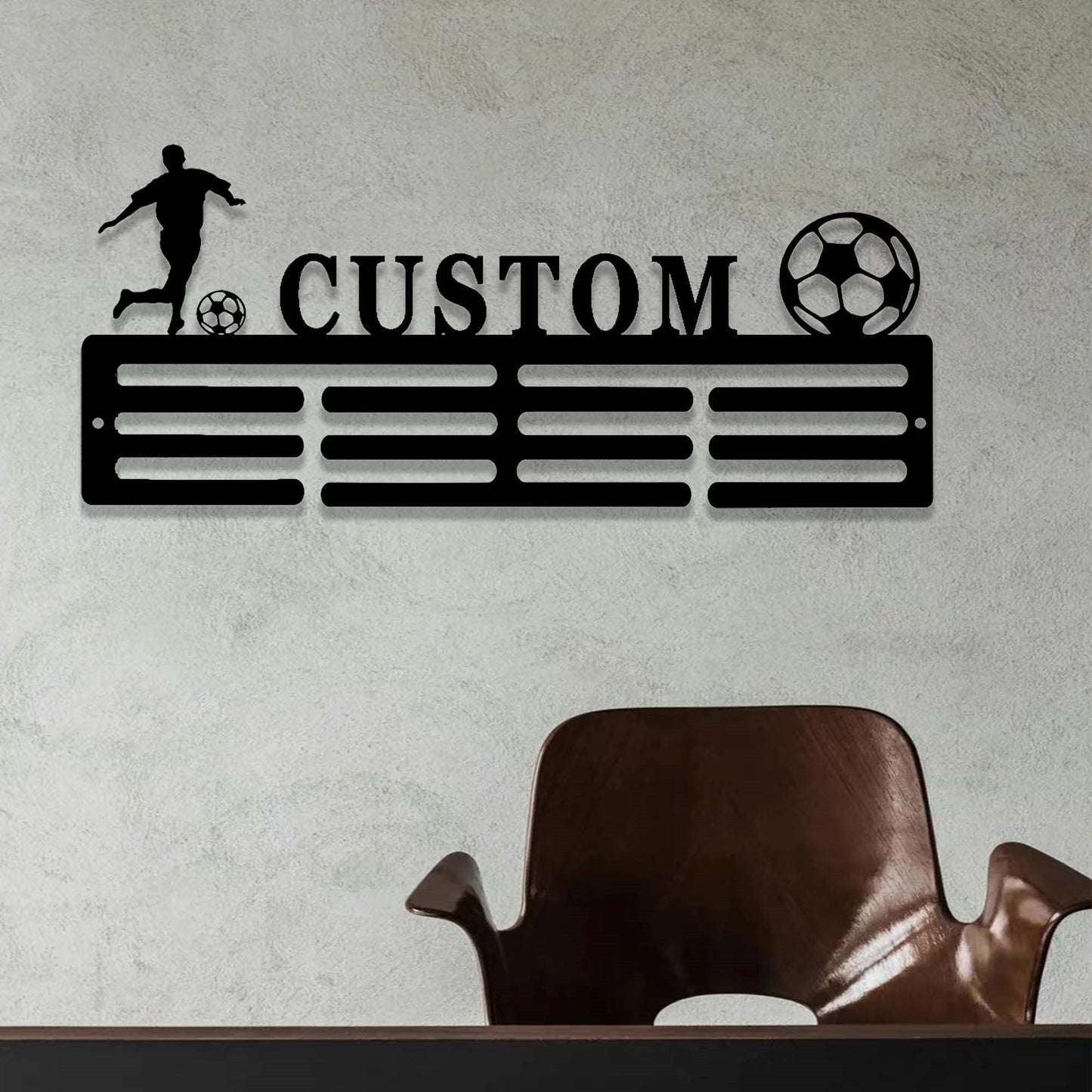 Personalized Soccer Medal Holder,Custom Soccer Name Medal Hanger,2 Rungs for Medals & Ribbons,Soccer Award Display,Soccer Medal Display