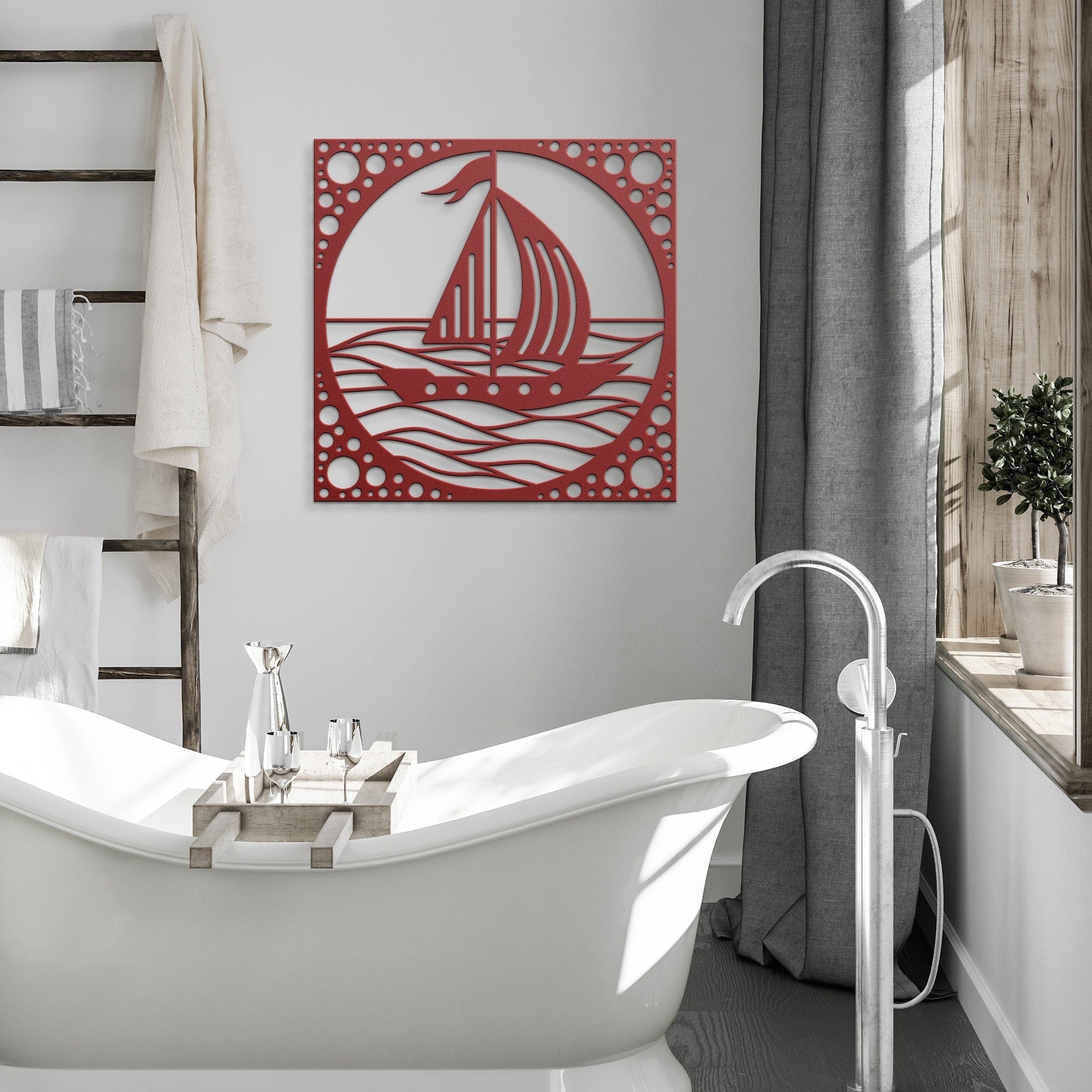 Sail Boat Metal Sign, Sea Waves Wall Decor, Sail Boat in Ocean Metal Sign, Decorative Sea View Wall Art, Wall Hanging Sea Metal Decor