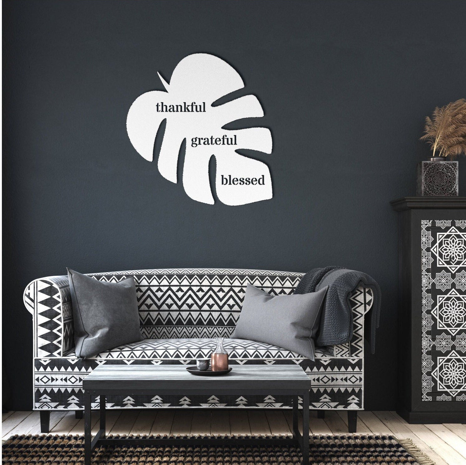 Thankful Grateful Blessed Black Metal Wall Art, Metal Leaf Wall Art, Metal Scripture Wall Art, Outdoor Patio Metal Sign, Large Metal Sign