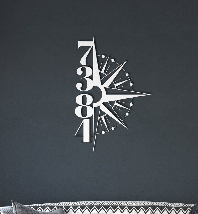 Vertical House Number Sign, Hanging Compass Address Sign, Outdoor Patio Metal Sign, Metal House Numbers, Large House Number, Metal Address