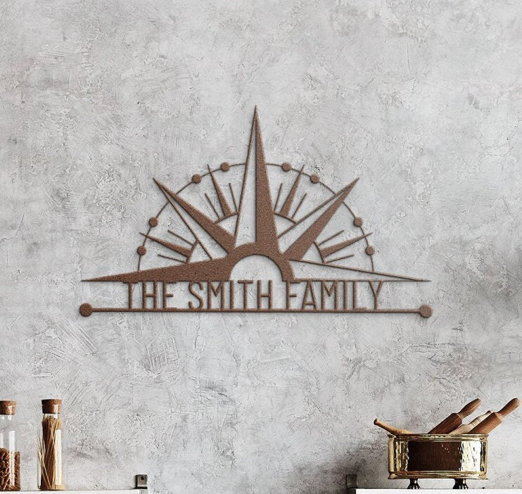 Personalized Family Name Metal Sign, Compass Wall Art, Outdoor Patio Metal Sign, Last Name Sign, Front Porch Decor, Custom Metal Name Sign