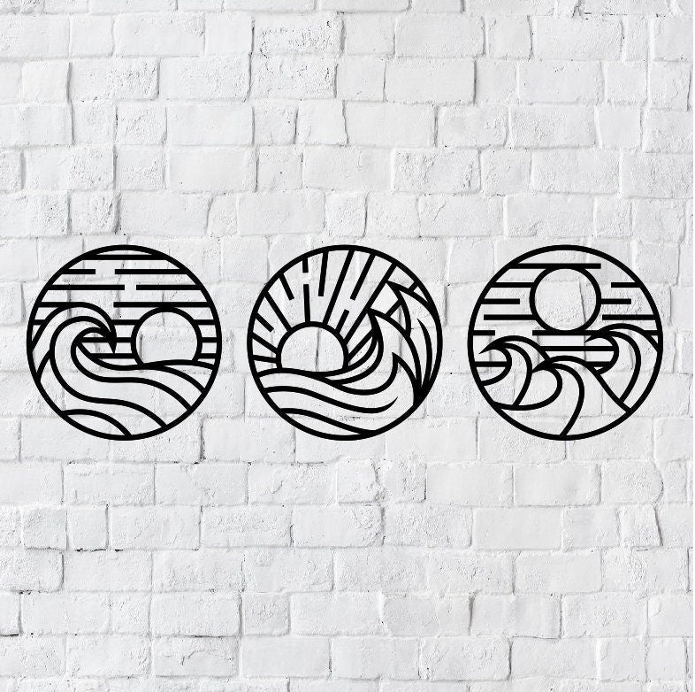 Three Piece Metal Wall Art Waves / Metal Wall Art / 3 Piece Sun and Waves Metal Wall Art / Metal Home Decor / Waves Wall Art Decor