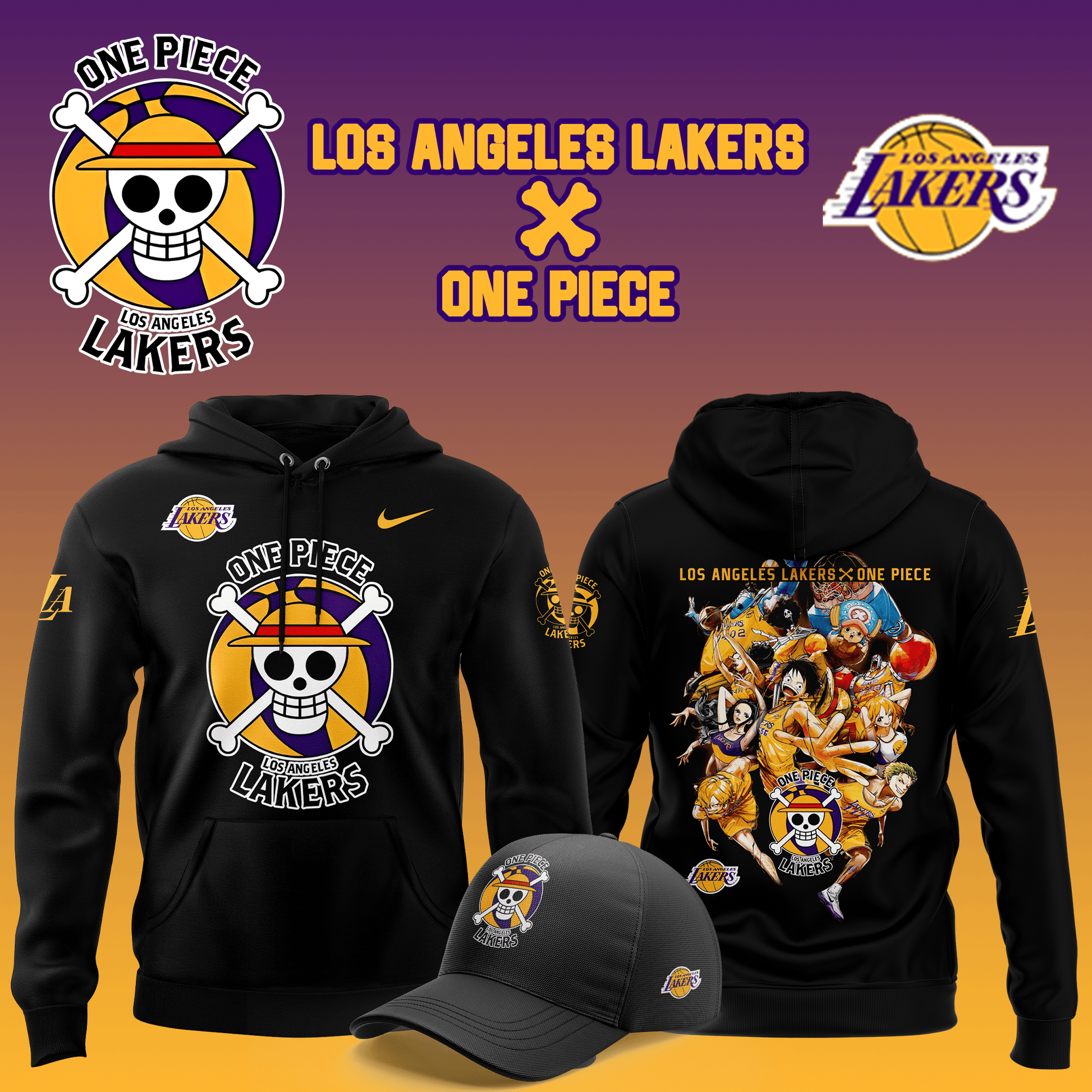 Los Angeles Lakers And One Piece Hoodie T-Shirt And Cap Gift For Fan