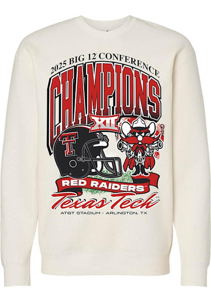 Mens Ivory Texas Tech Red Raiders 2025 Big 12 Football Champions Mascot Crew Sweatshirt