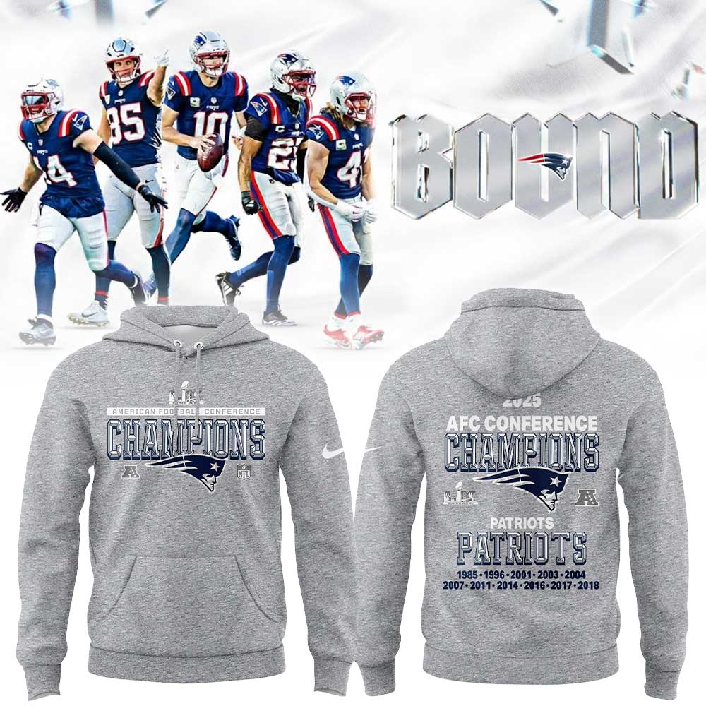 NE Patriots 2025 AFC Champions Gray Hoodie