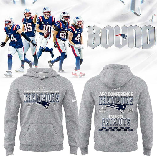 NE Patriots 2025 AFC Champions Gray Hoodie