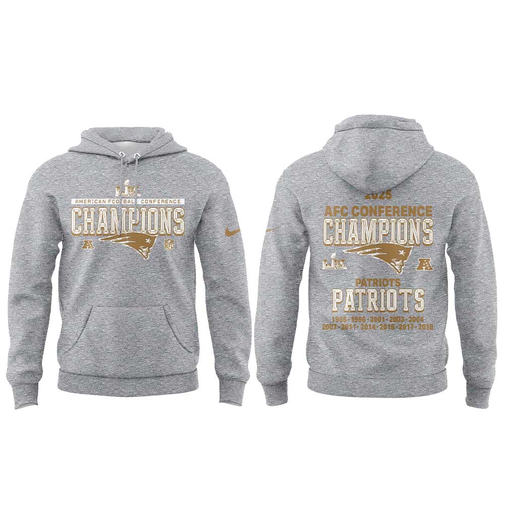 NE Patriots 2025 AFC Champions Gold Gray Hoodie