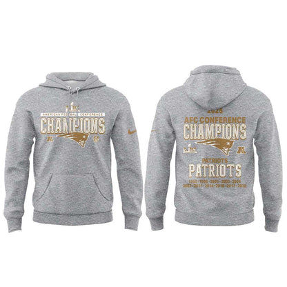 NE Patriots 2025 AFC Champions Gold Gray Hoodie