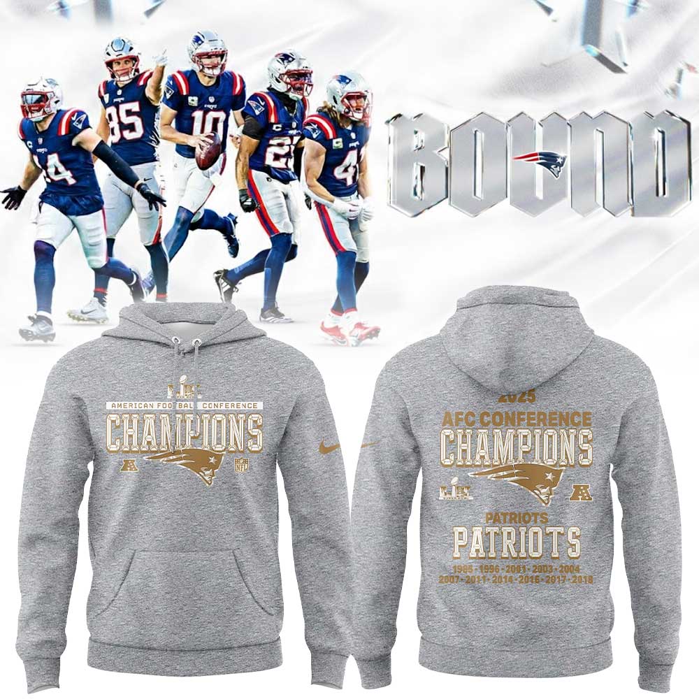 NE Patriots 2025 AFC Champions Gold Gray Hoodie