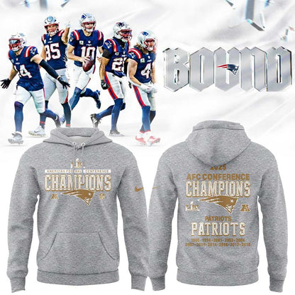 NE Patriots 2025 AFC Champions Gold Gray Hoodie