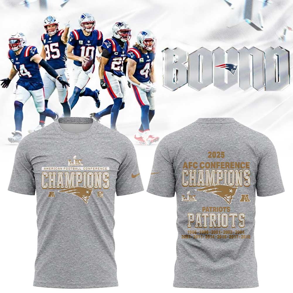 NE Patriots 2025 AFC Champions Gold Gray Shirt