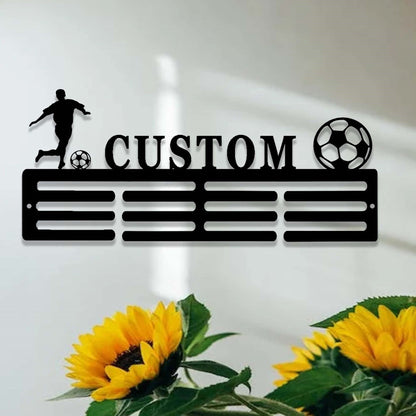 Personalized Soccer Medal Holder,Custom Soccer Name Medal Hanger,2 Rungs for Medals & Ribbons,Soccer Award Display,Soccer Medal Display