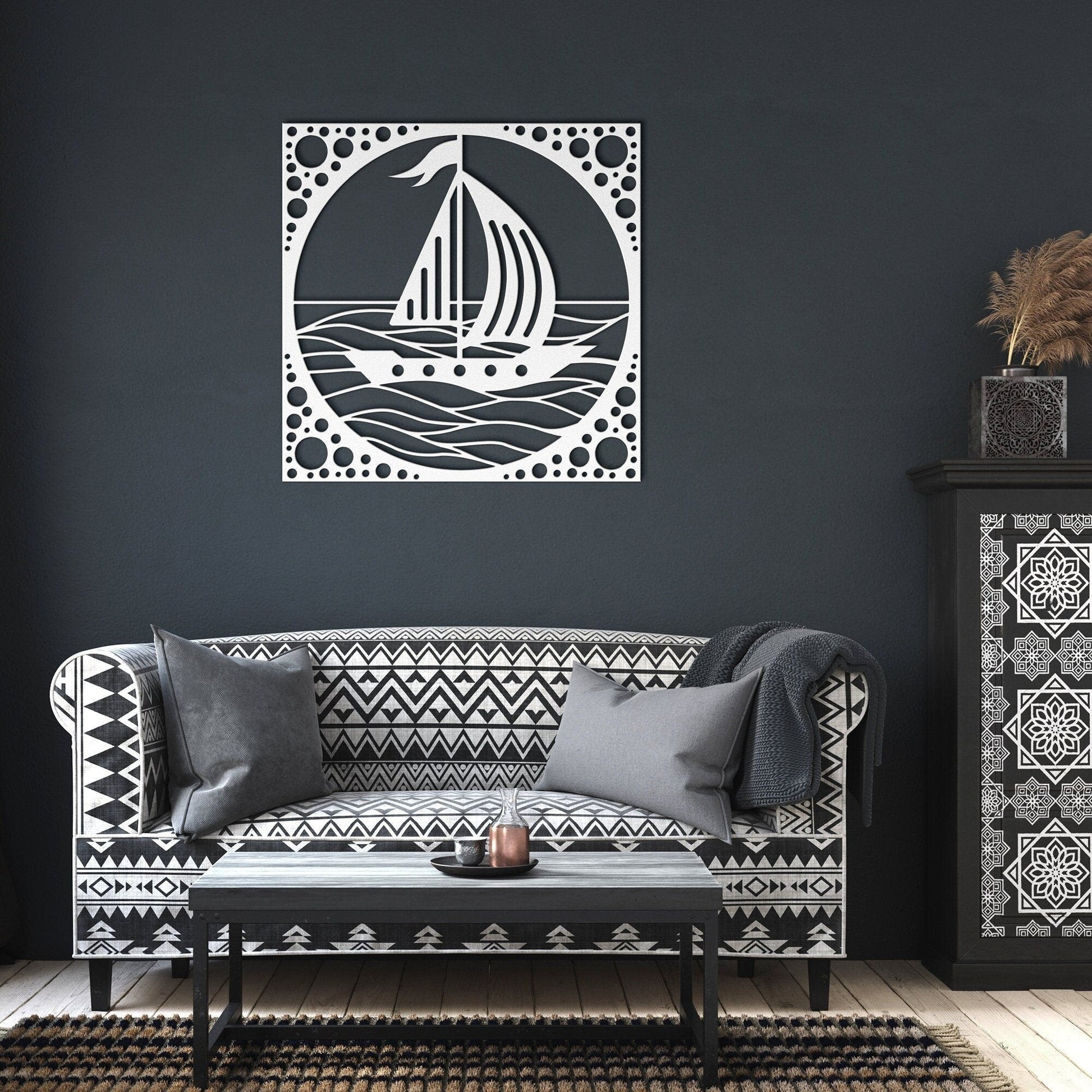 Sail Boat Metal Sign, Sea Waves Wall Decor, Sail Boat in Ocean Metal Sign, Decorative Sea View Wall Art, Wall Hanging Sea Metal Decor