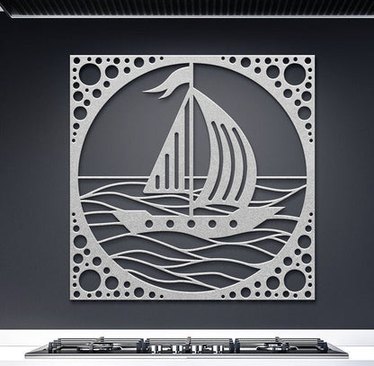 Sail Boat Metal Sign, Sea Waves Wall Decor, Sail Boat in Ocean Metal Sign, Decorative Sea View Wall Art, Wall Hanging Sea Metal Decor