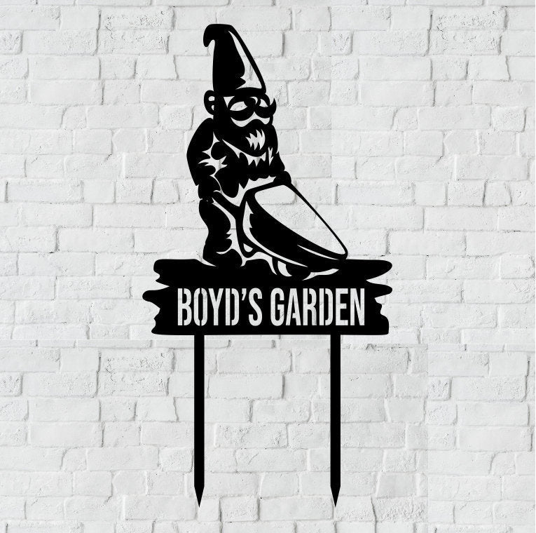 Personalized Gnome Metal Stake Sign | Garden Gnome Stake Sign | Garden Name Sign | Outdoor Metal Decor | Gnome Metal Stake Name Sign