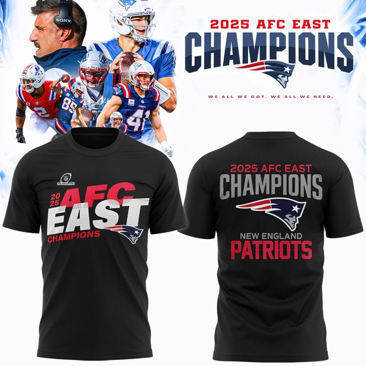 Official New England Patriots 2025 AFC East Division Champions Logo T-Shirt - Black (Updated Version)