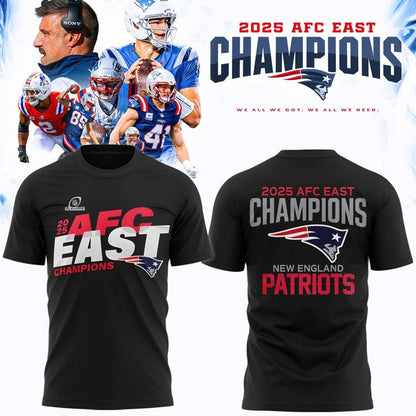 Official New England Patriots 2025 AFC East Division Champions Logo T-Shirt - Black (Updated Version)