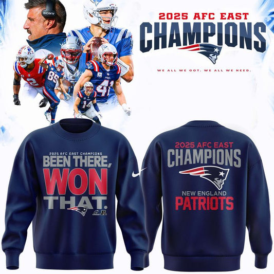 Official New England Patriots 2025 AFC East Division Champions "Been There Won That" Sweatshirt - Navy (Updated Version)