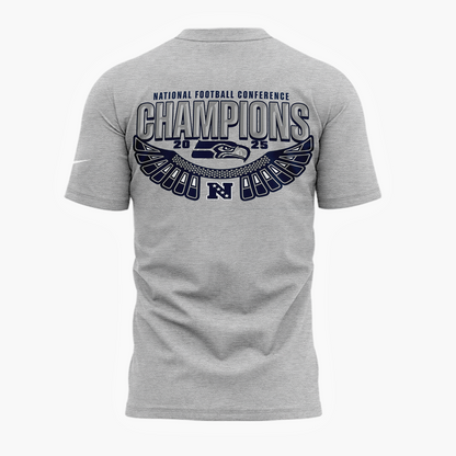 Seattle Seahawks Heather Gray 2025 NFC Champions Locker Room Trophy Collection Tshirt