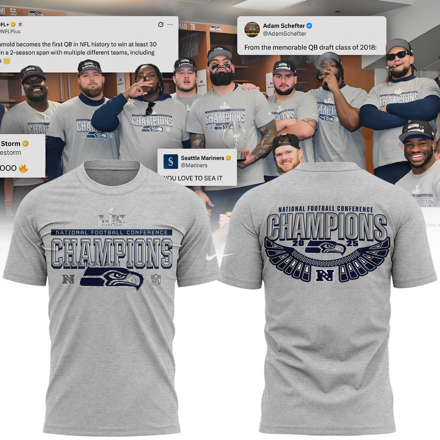 Seattle Seahawks Heather Gray 2025 NFC Champions Locker Room Trophy Collection Tshirt
