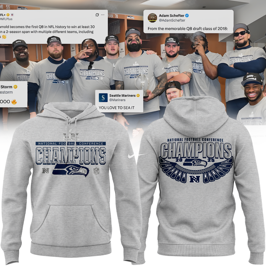 Seattle Seahawks Heather Gray 2025 NFC Champions Locker Room Trophy Collection Hoodie