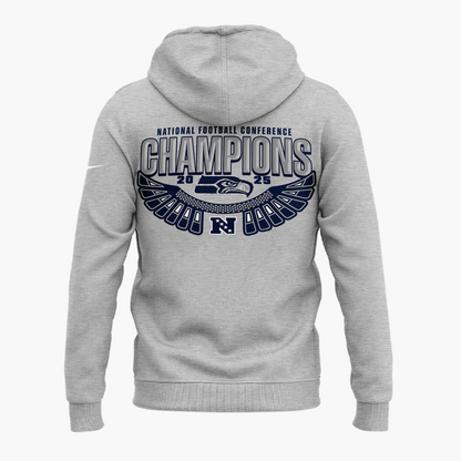 Seattle Seahawks Heather Gray 2025 NFC Champions Locker Room Trophy Collection Hoodie