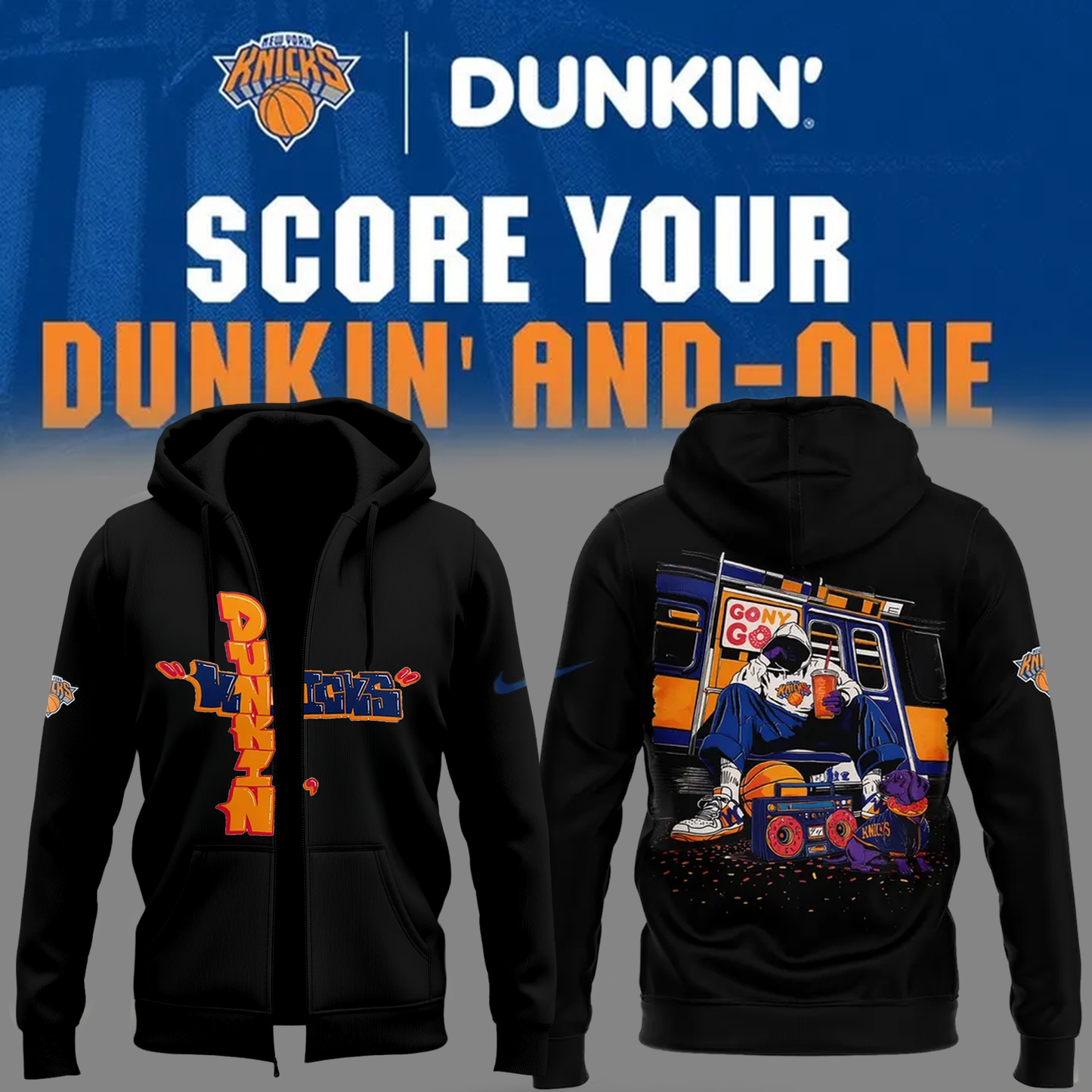 Limited Edition New York Knicks x Dunkin’ Black Zip Hoodie 2026